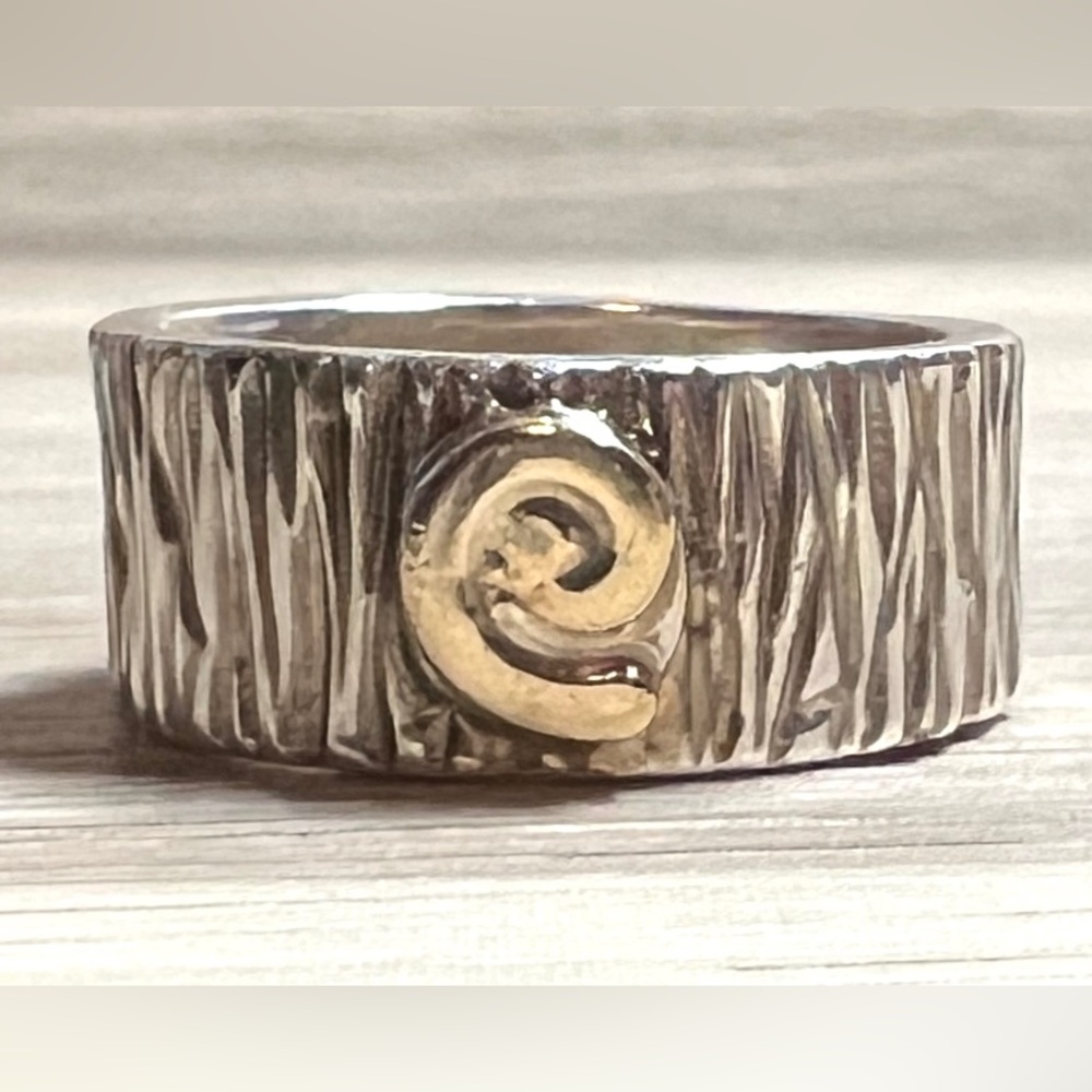 Vintage Artisan Designer MLP Sterling Silver & 14K Gold Swirl Band Ring, Size 6 - Picture 2 of 12